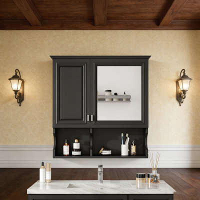 Armoire à pharmacie à miroir de 30 pouces avec tablettes ouvertes, rangement mural mural avec portes et miroir, tablette réglable, armoire de rangement pour salle de bain au-dessus de la toilette
