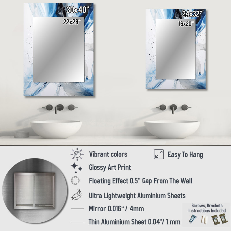 Bleu et gris Elixir I - miroir décoratif abstrait, miroir mural bleu, impression d'art en métal, 40 po x 30 po