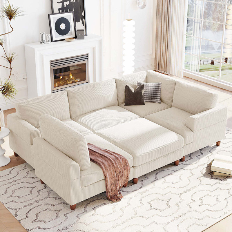 Canapé modulaire modulaire en L avec repose-pieds, Polyester beige