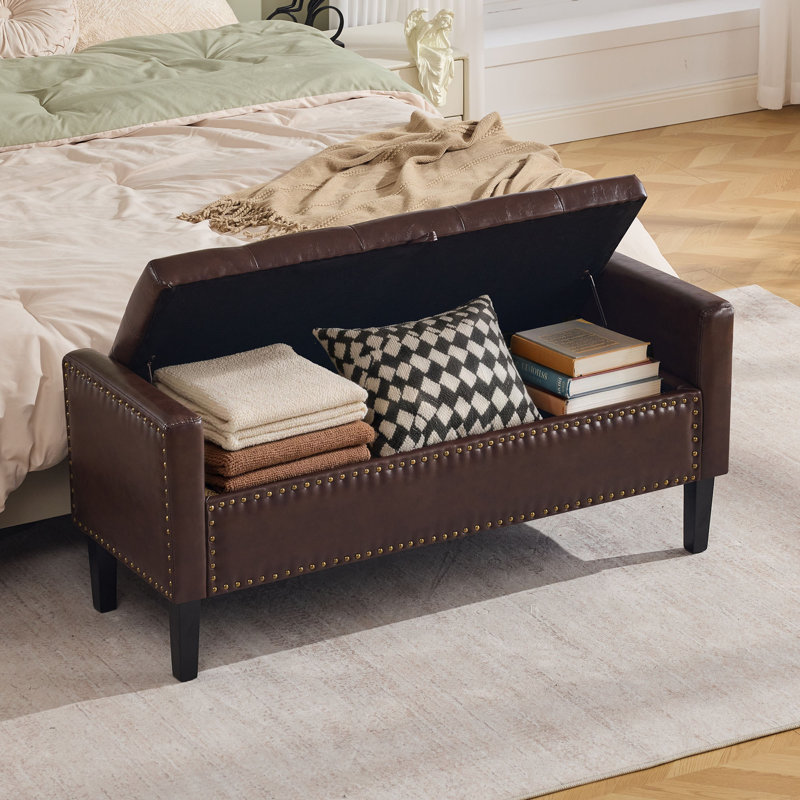 47" W Water-Resistant Faux Leather Upholstered Flip Top Storage Bench, Dark Brown-pu