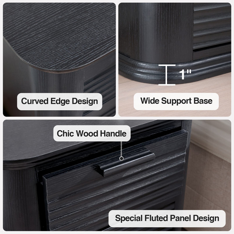 Allysyn 22" Wide Fluted 3 Drawer Nightstand, Black
