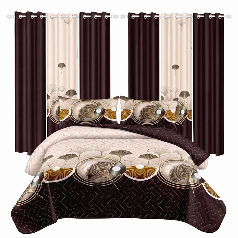 King Size Comforter Set 9 Pieces, All Season Luxury Bed in a Bag for Bedroom, With Matching Curtains, Soft Microfiber, Ginkgo Leaf