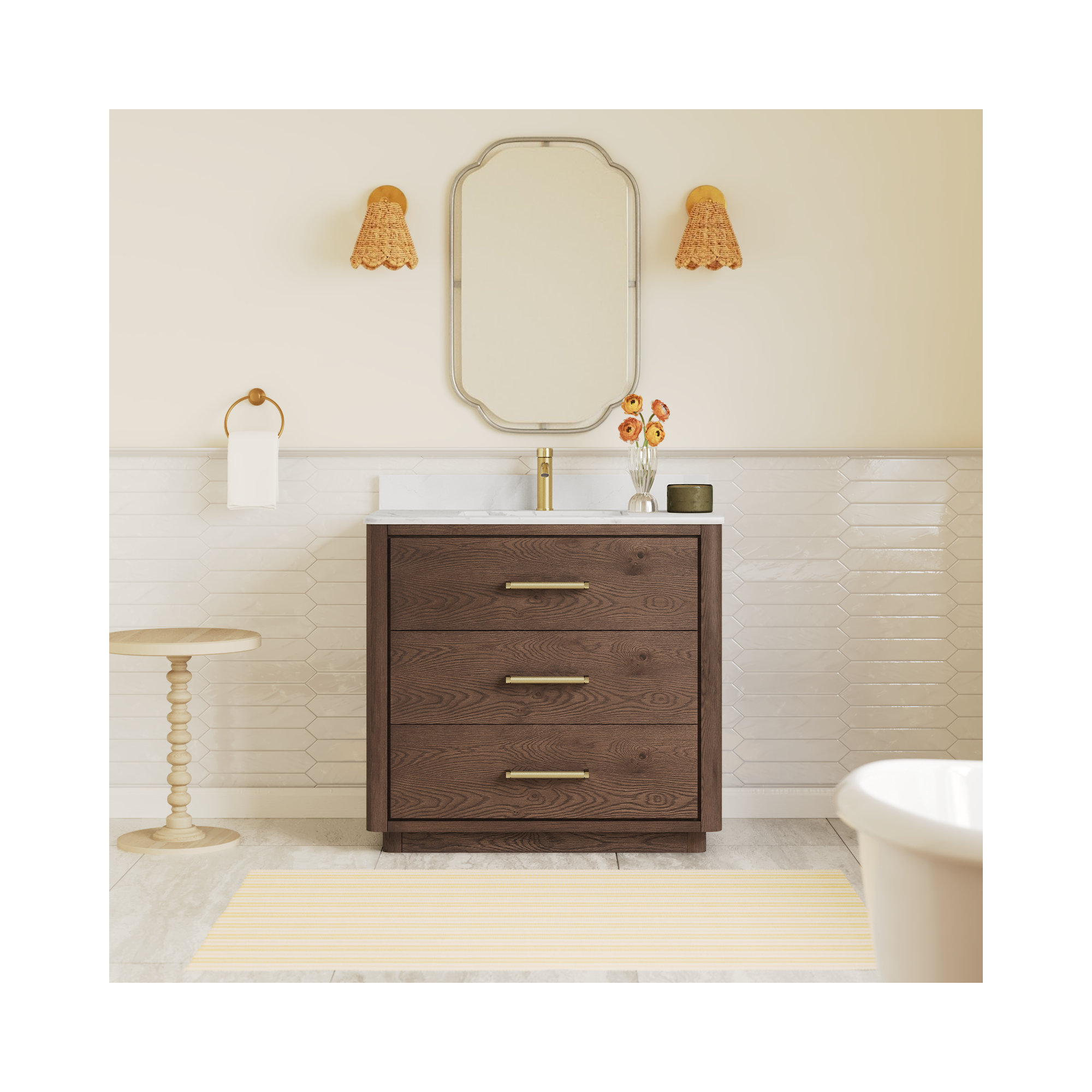 Porto 36'' Single Bathroom Vanity, Gold, Dark Brown Oak