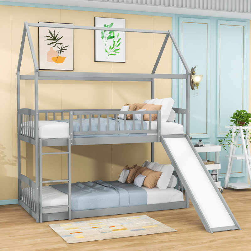 Twin Over Twin House Bunk Bed with Slide, Gray