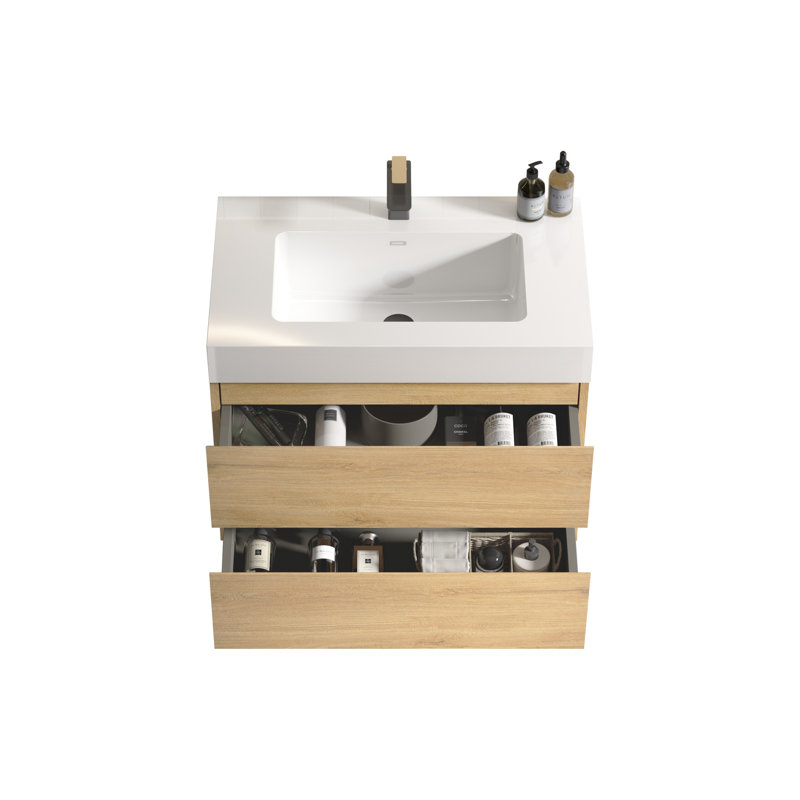 Natural Oak Bathroom Storage Cabinet Shelf - Wall Mounted With A Glossy Basin And Double Drawer Space Vanity White Quiet System
