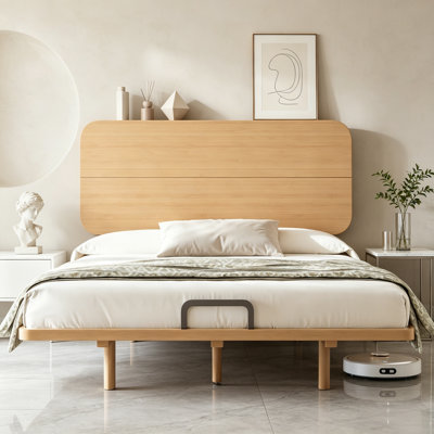 King Size Platform Bed with  Headboard,Solid Bamboo Platform Bed Frame With Built-in USB Ports,Floating Beds Frame with Under-Bed Storage for Bedroom,Guest Room,Sturdy Support Slats,No Box Spring Needed,Natural.