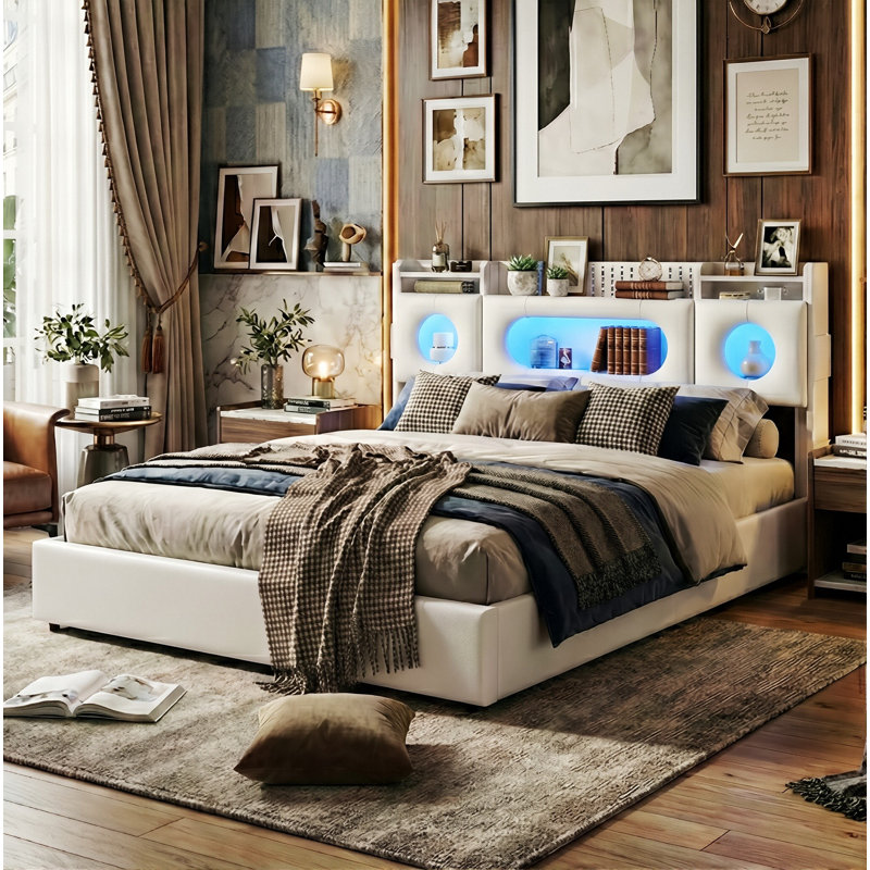 PU Leather Ottoman Bed, RGB LED Storage Headboard & USB-C Charging, European Double (140X200cm) & King (160X200cm) , White