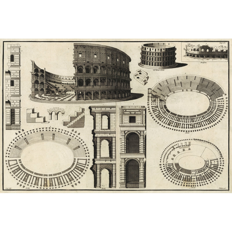 Diagram Of The Colosseum - Wrapped Canvas Print, 51 cm H x 76 cm W, Black Floater Framed