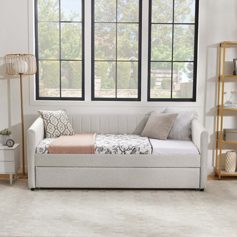 Twin Size Daybed with Trundle, Upholstered in Beige Linen Fabric, Stylish Vertical Stripes for Modern Living and Extra Sleeping Space