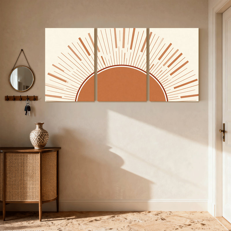 Lumière du soleil avec motif rayonnant et demi-cercle, ensemble de 3 impressions sur toile, H 24 po x l 48 po