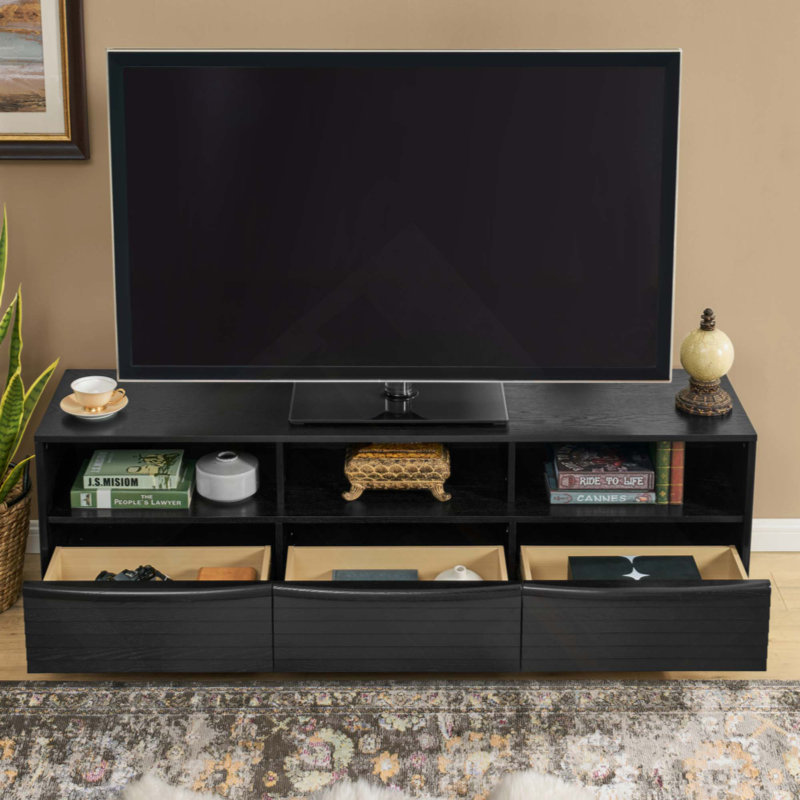 Mid-Century Modern TV Stand For Tvs Up To 75", Thick Sturdy Farmhouse Entertainment Cabinet, Media Console For Living Room, Louver Design & Solid Wood Drawers & Outlet Holes
