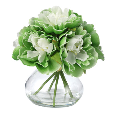 Arrangement floral réaliste en pivoines de soie et fleurs de calla réalistes dans un vase en verre avec fausses eaux et pierres - centre de table élégant et sans entretien pour le mariage, la table ou la maison - couleur verte