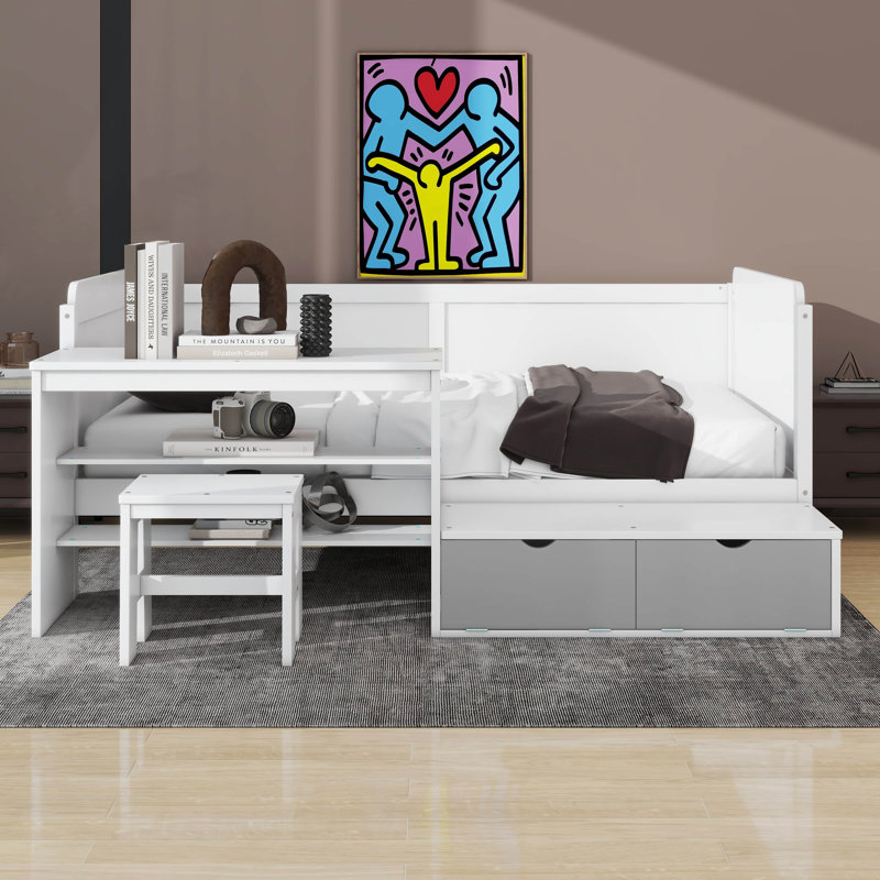 Dancy Twin Size Daybed With Desk And Shelves, Multi-Functional Bed Bed Frame With Lockers And Matching Stool, White