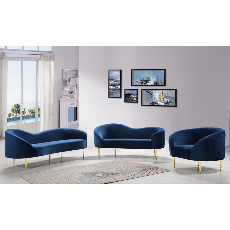 Causeuse courbée en velours 67 po Shurtz, Velours bleu marine