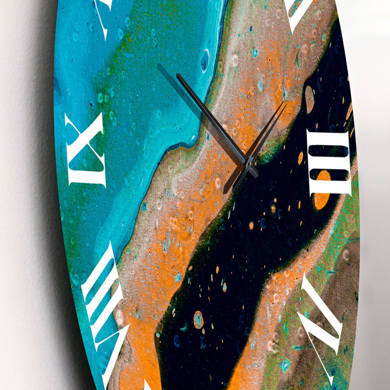 Composition abstraite de marbre en bleu et orange II - horloge murale moderne, Petit