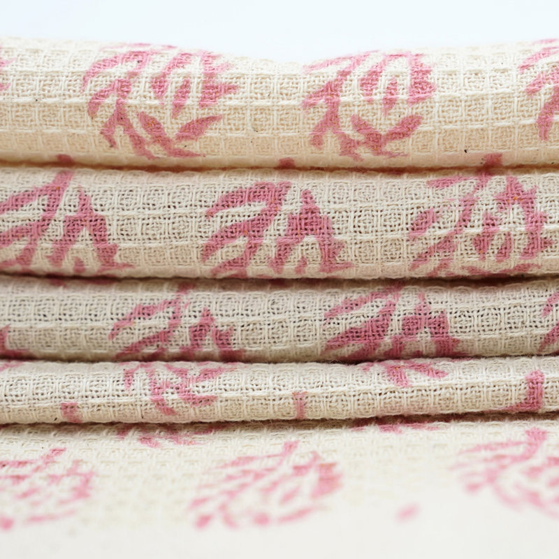 Pink Cotton Hand Block Print Waffle Floral Hand Towels, Set of 2