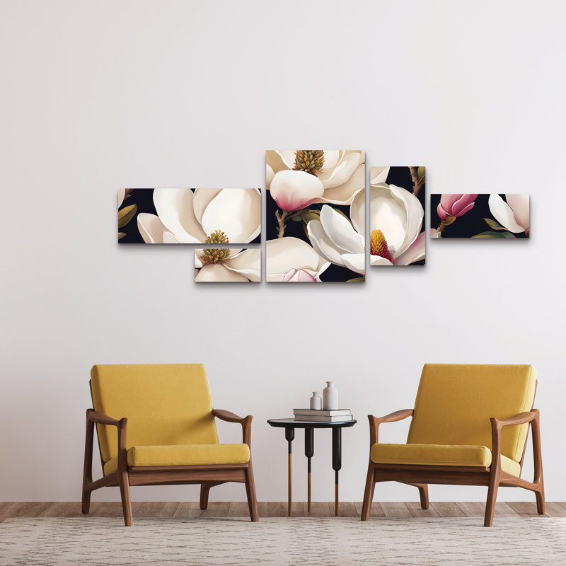 Ensemble de 5 panneaux muraux - Tina Lavoie «Spring Magnolias», art mural sur toile pour le salon, la chambre à coucher ou le bureau 