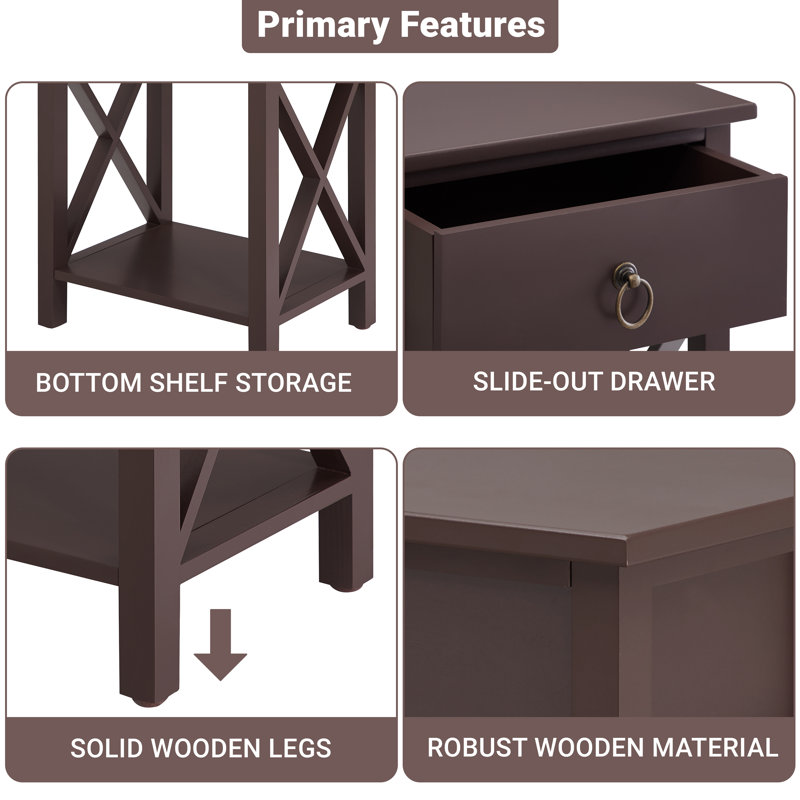 Espresso Solid Wood Small End Table with Drawer and Shelf
