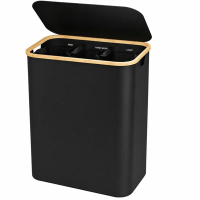 160L rectangular laundry basket with lid, narrow laundry basket with detachable bag and bamboo handle, foldable and slim laundry basket, suitable for bathroom, bedroom, dormitory and other places.