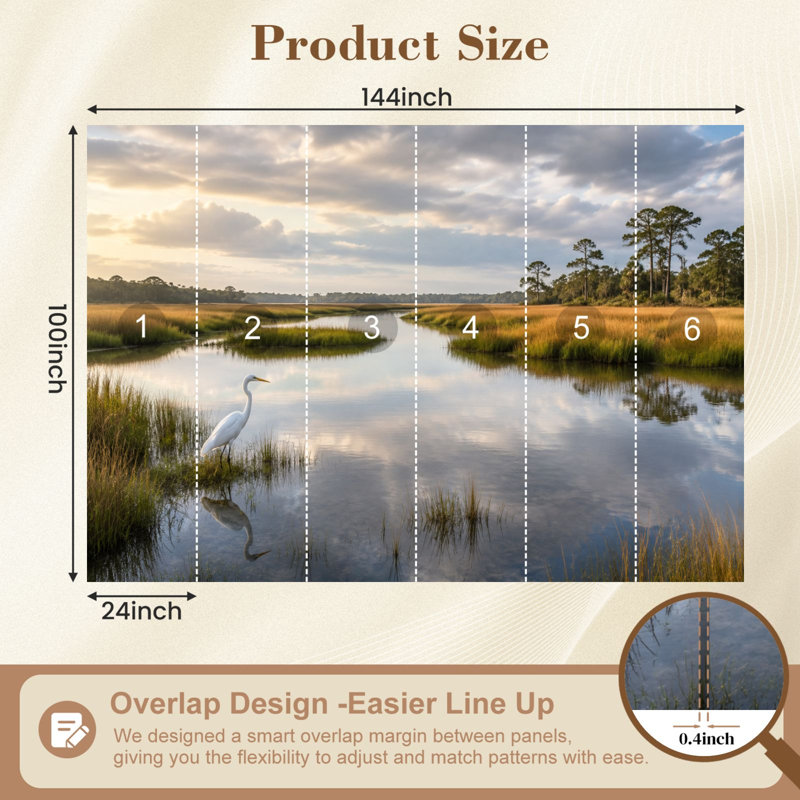 Papier peint adhésif pelez et collez Seren Marshland Landscape White Heron Reflection Water, L 100,08 po x l 144 po