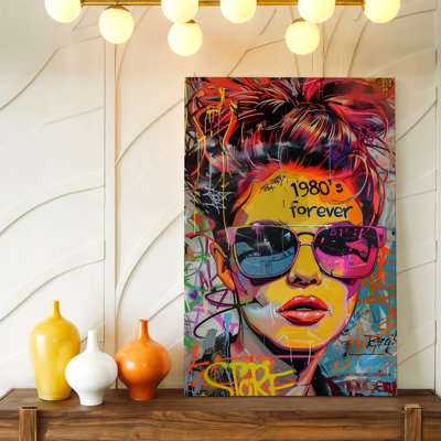 Graffiti, portrait de femme, lunettes de soleil néon des années 1980, impression d'art sur toile, couleur coordonnée, affiche pour décoration de salon, décoration murale galerie, décoration intérieure moderne