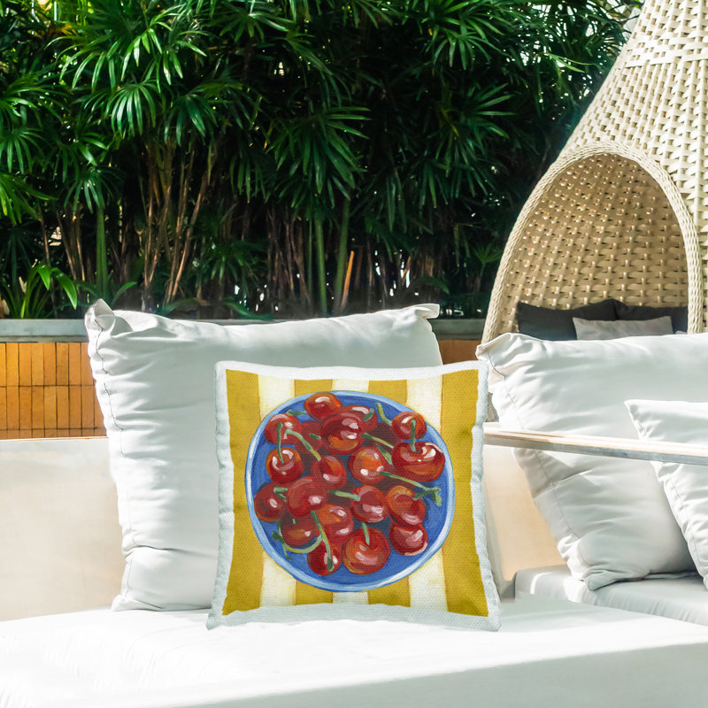 Coussin d'extérieur imprimé cerise à motif de bol sur rayures, design par June Erica Vess