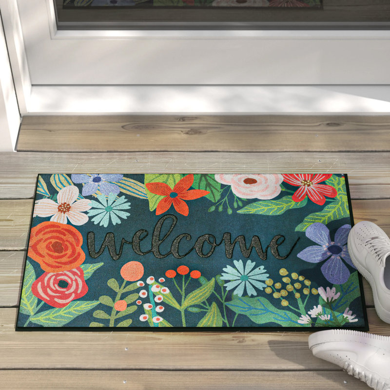 Navy and Green Floral Recycled Rubber Outdoor Welcome Mat