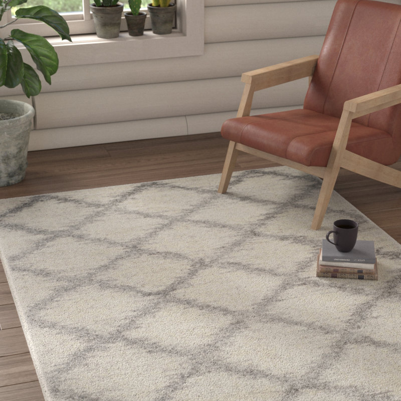 Oddger Geometric Ivory/Silver Area Rug, Rectangle 9' x 12'