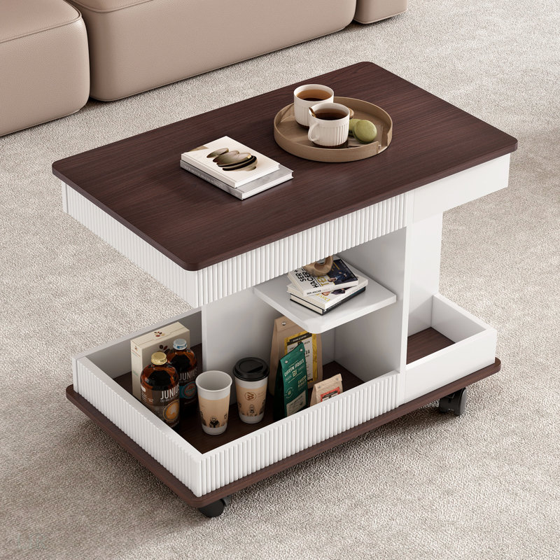 Adjustable End Table With Wheels, 360°rotating Top, Storage Space, Wood Grain Texture And Vertical Striped Design, White