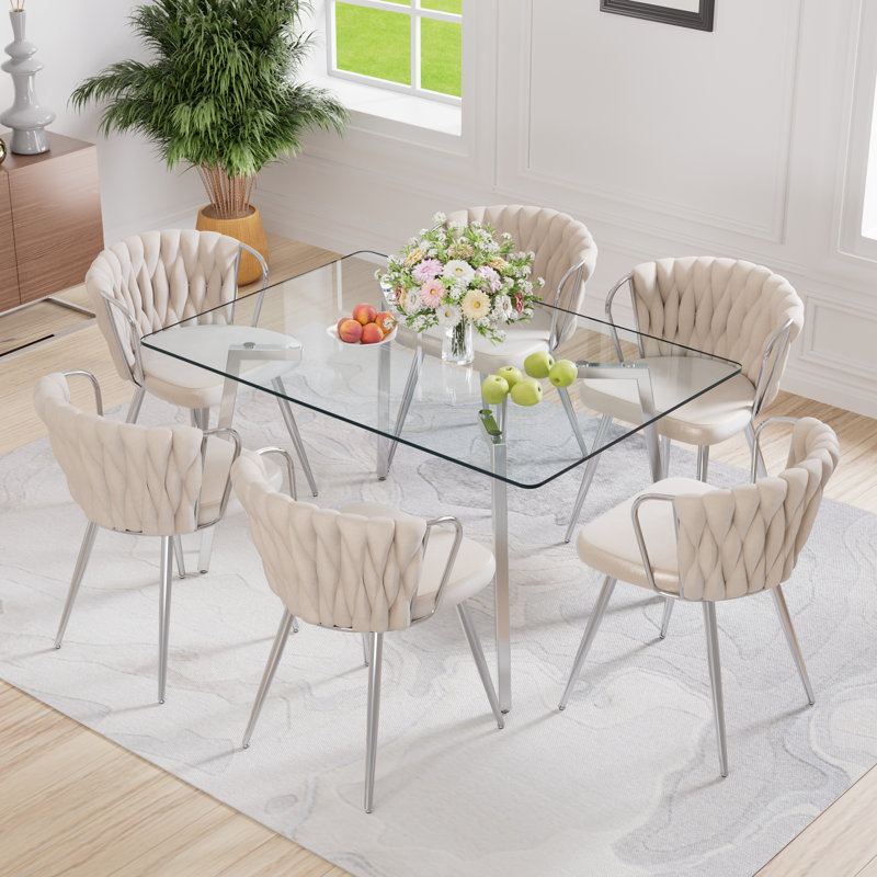 51in Rectangle Glass Top Dining Set, Beige, 7