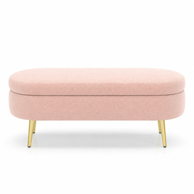 Oval Flannel Storage Bench Ottoman with Sturdy Metal Legs, Upholstered Footstool with Hidden Compartment, Soft Padded Bedroom Bench Seat