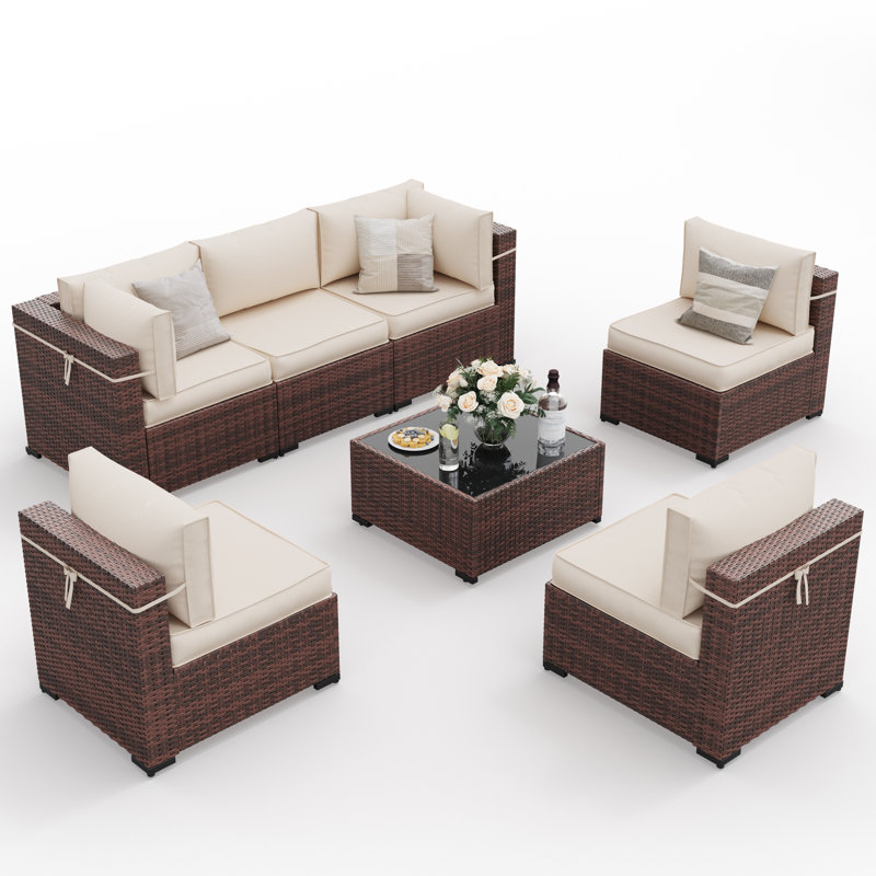 Ensemble de conversation modulaire en rotin 7 pièces avec coussins 7 pièces, Blanc