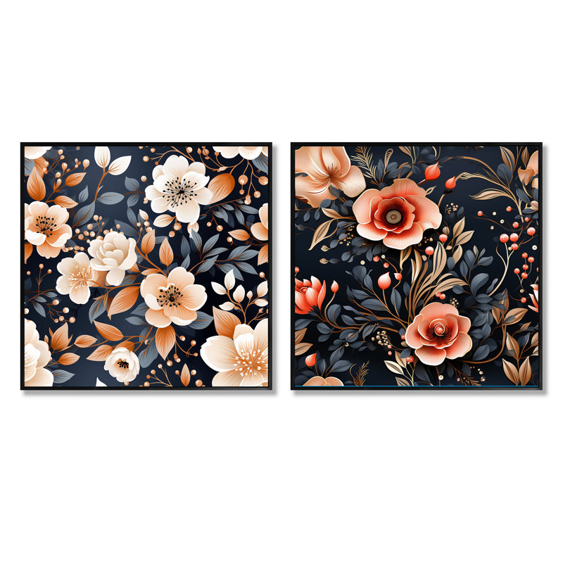 Rétro motif floral nostalgie pêche - ensemble de 2 collages floraux carrés, Cadre flottant noir, H 36 po x l 73 po