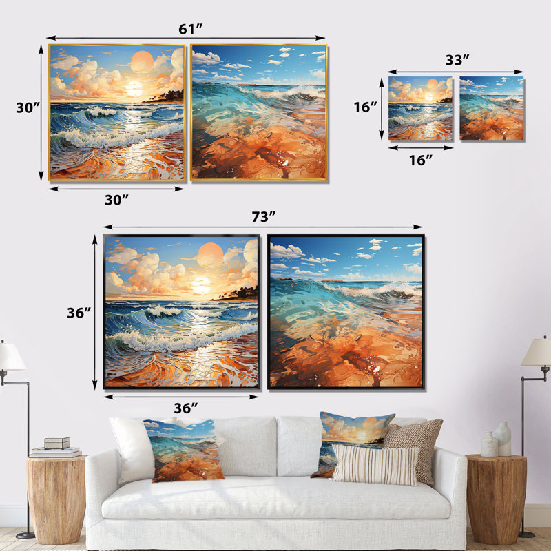 «Beach Photo Sunlit Coastline» 2 pièces, Encadrement doré, H 36 po x l 73 po