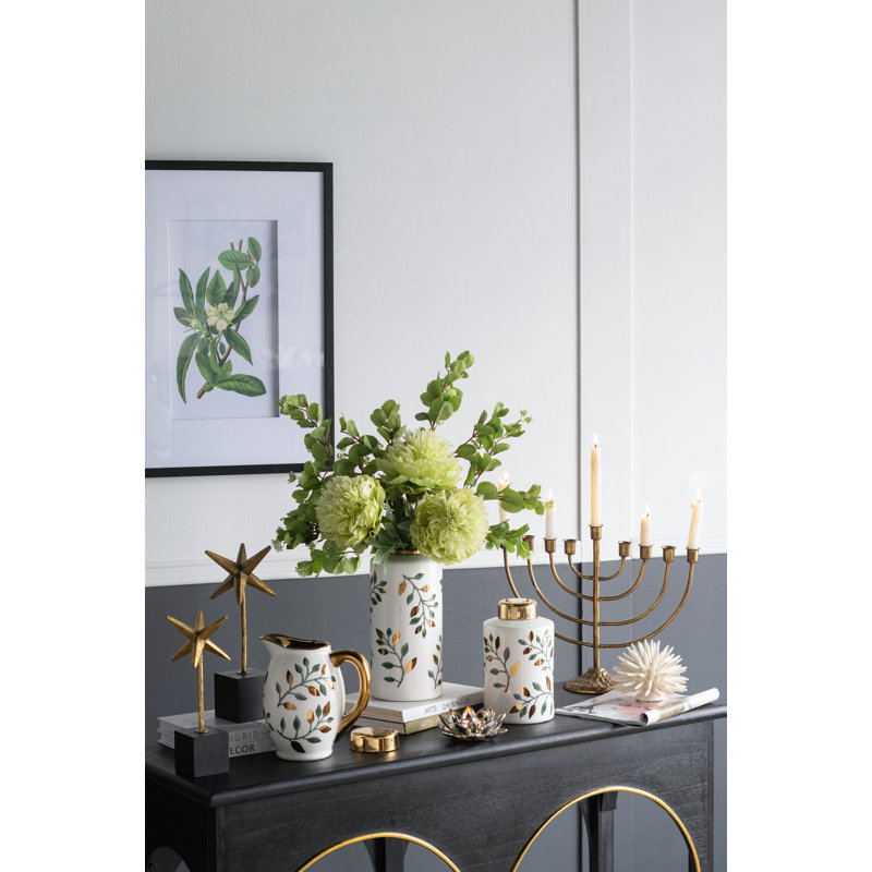 D5.5x12.5" White Ceramic Lidded Jar with Green Floral Motifs and Gold Details, 12.4" H x 5.7" W x 5.7" D