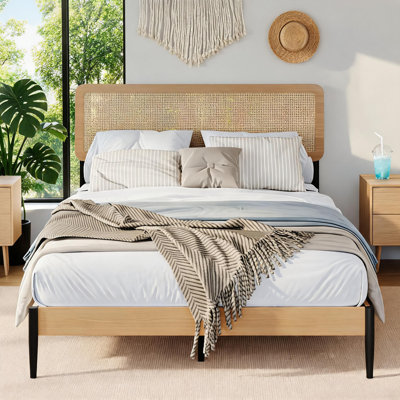 Bed Frame with Headboard, Rattan Platform Bed Frame Full Size, Boho Bed with Natural Woven Headboard, Heavy Duty Metal and Wood Slat Support, No Box Spring Needed, 10.4" Under Bed Storage.