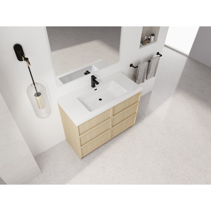 Meuble-lavabo autoportant luxueux de 42 po avec lavabo en résine durable, conception moderne en chêne dune