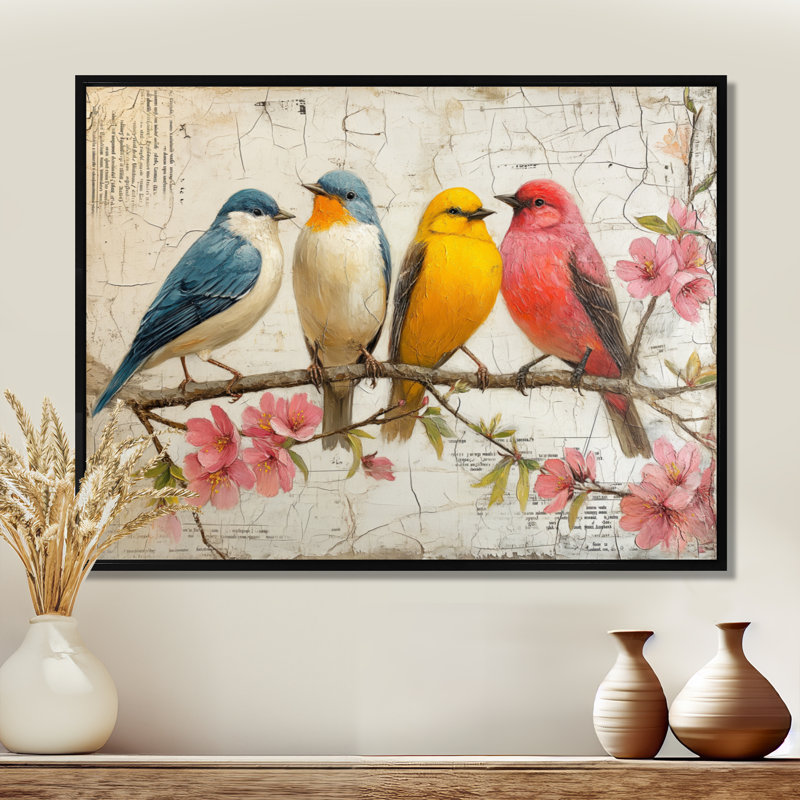 Rose, rose, oiseaux, branche, relaxation II, art mural, salon, Cadre flottant noir, H 24 po x l 32 po
