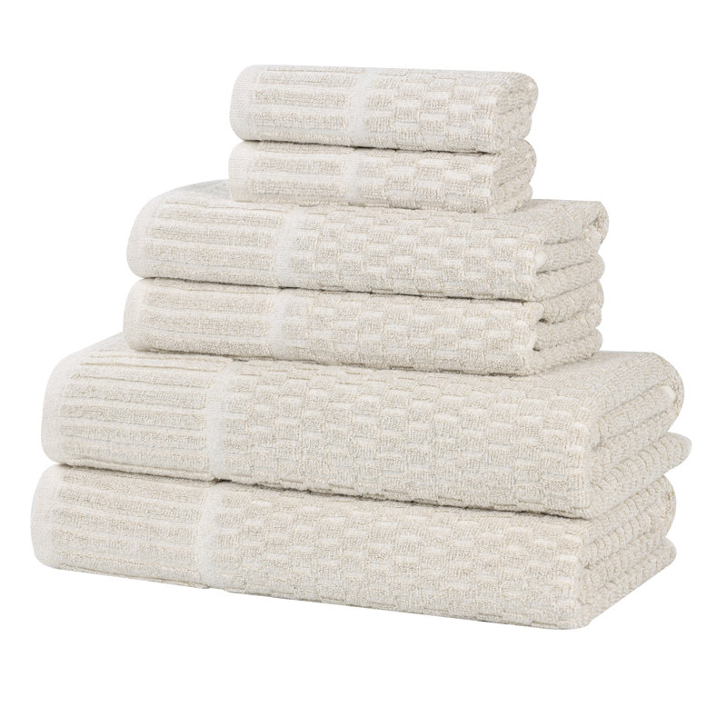 Juno Viscose Cotton Blend Medium Weight Textured Checkered Ribbed Border Towel Set, 6 Piece Towel Set, Beige