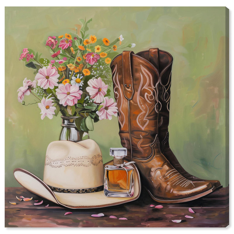 Toile de printemps verte avec les indispensables décorations de cowboy par Art Remedy, Toile tendue, H 30 po x l 30 po