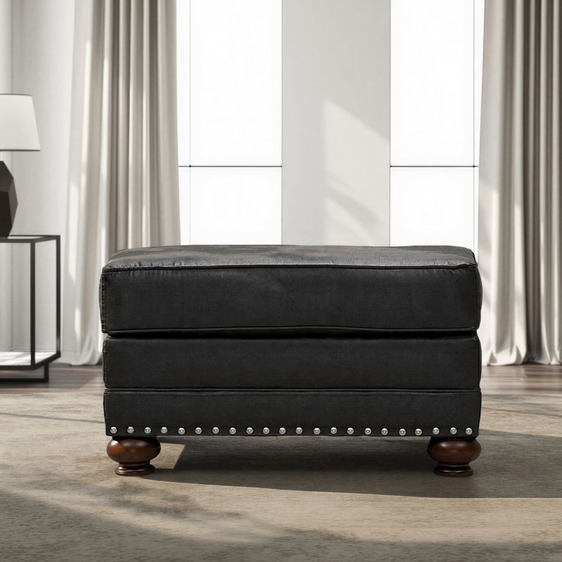 Amarin Fabric Upholstered Nailhead Ottoman, Black