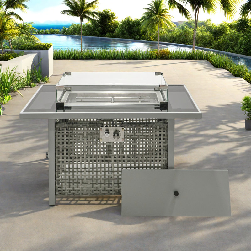Propane Gas Fire Pit Table With Glass Wind Guard And An Open Basket-wave Patterned Wicker, Gray