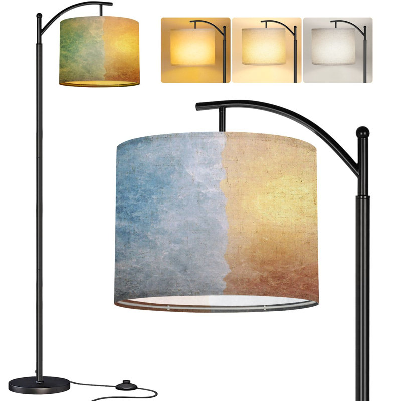  Arc Floor Lamp Abstract Beach Sea Summer Grunge Wave Sand Pastel Crayon Drawing Tall Modern Standing Lamp LED Adjustable Linen Lampshade 3 Color Temperatures