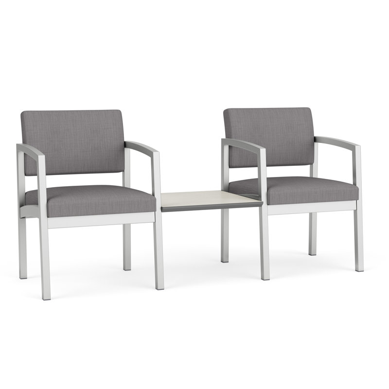 Lenox Steel Waiting Reception 2 Seat Tandem Metal Frame with Centre Table, Silver, White Twill, Plot Line Steel