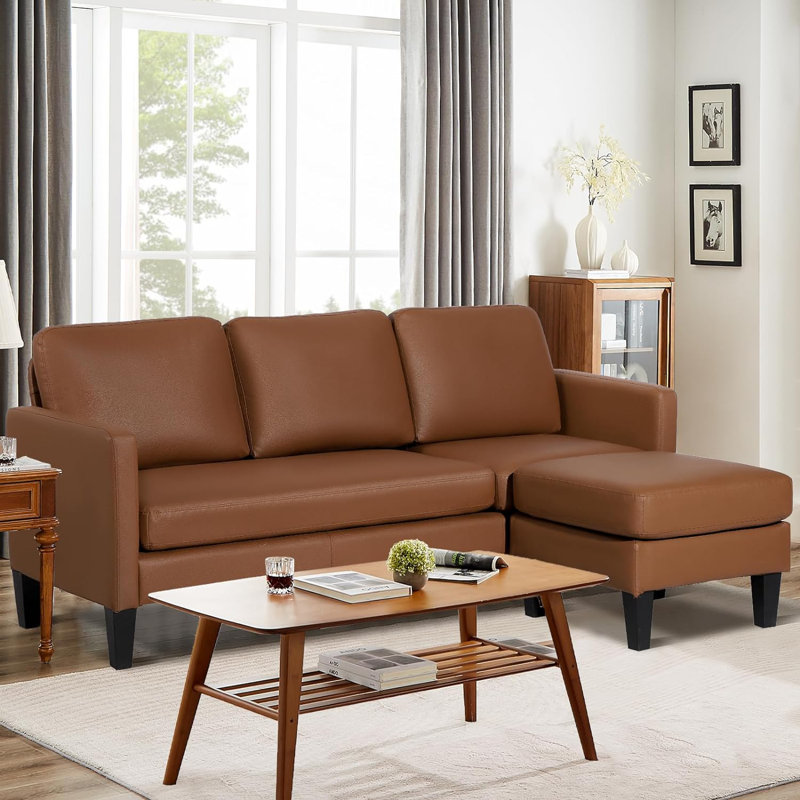 Kivita L Shaped Faux Leather Sectional Sofa with Chaise for Small Space, Brown Faux Leather