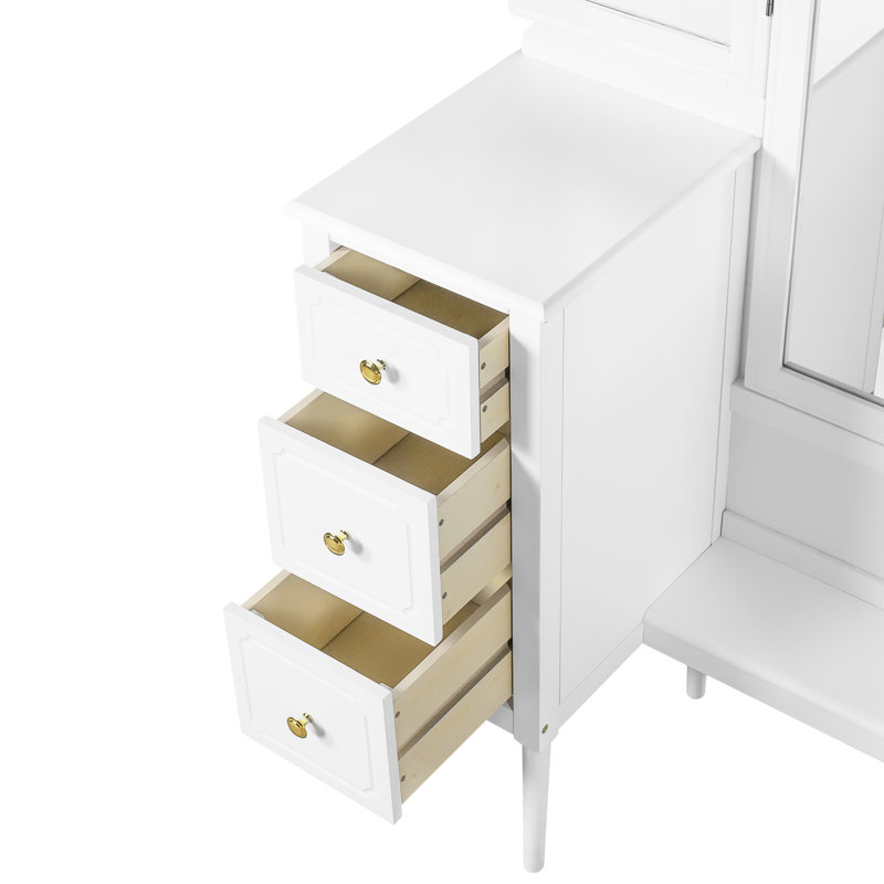 Antique White Makeup Vanity With Triple Mirror, 6 Drawers, Wood - Leg Stool And Full Length Mirror For Bedroom Space Classic Desk Upholstered Dressing Room Decoration