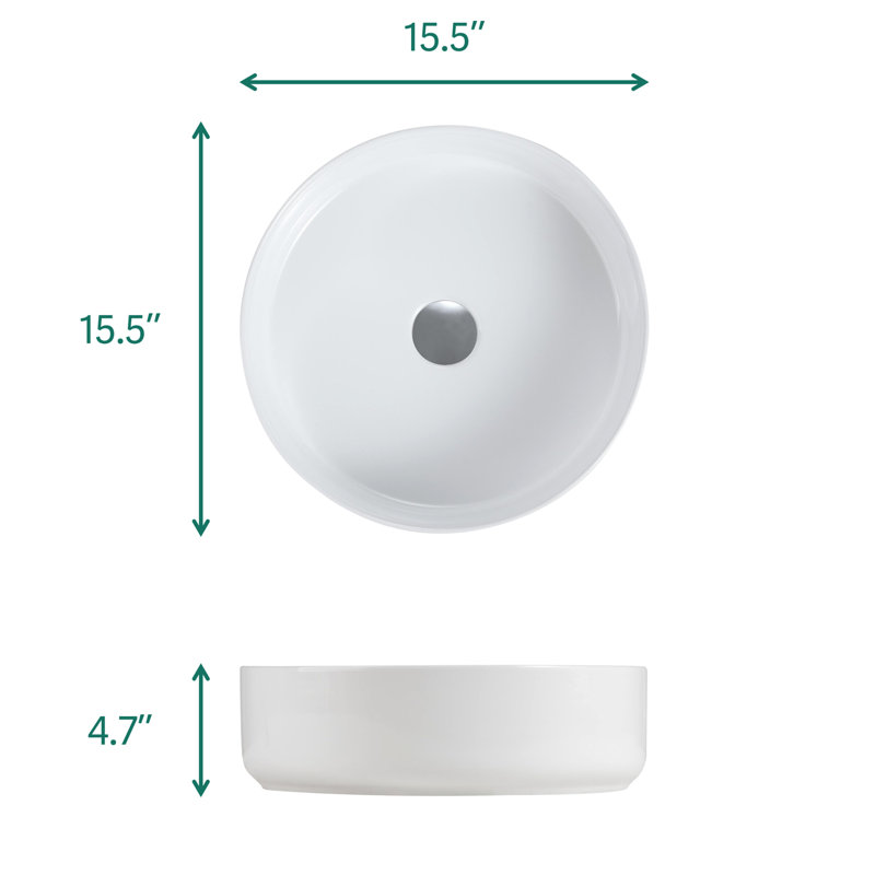 Évier en céramique blanche de haute qualité avec chaleur et teinture brillantes, facile à nettoyer, forme ronde, dimensions de 15,55 po, 17,38 lb, idéal pour les salles de bain