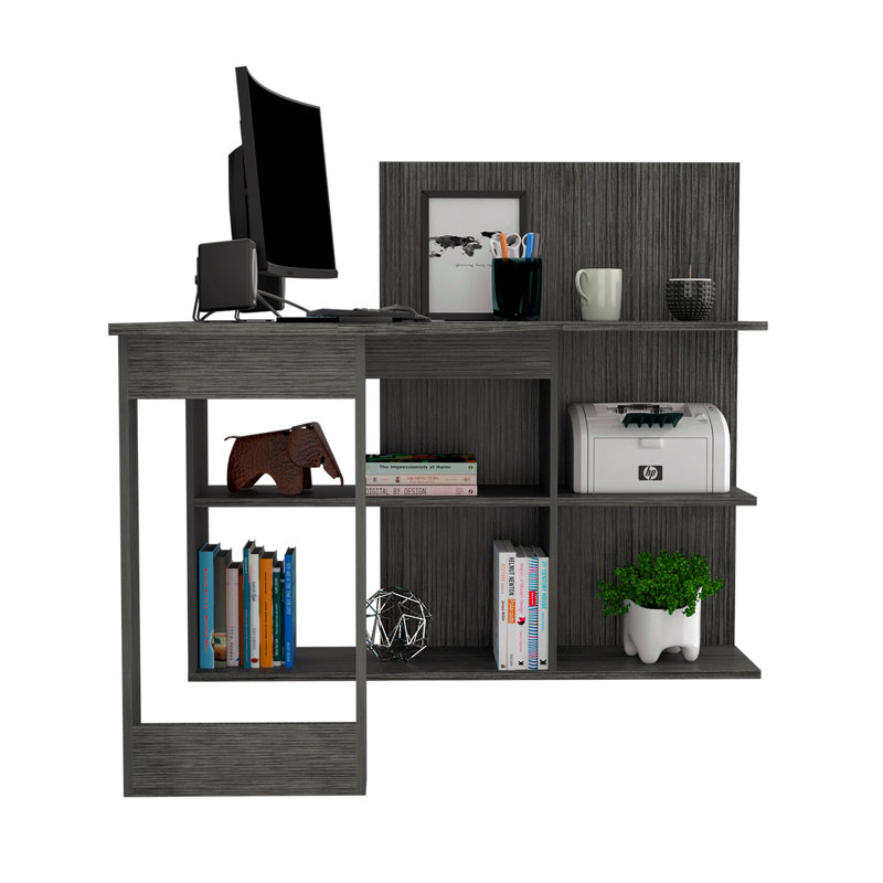 Writing Computer Desk, Five Open Shelves, Dark Gray