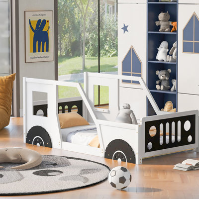 Lit plateforme simple en forme de voiture avec roues, bleu, lit