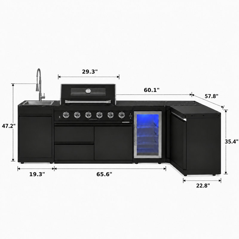  Ensemble d'îlot de cuisine extérieur modulaire 5 pièces avec barbecue, réfrigérateur et roulettes Akoah